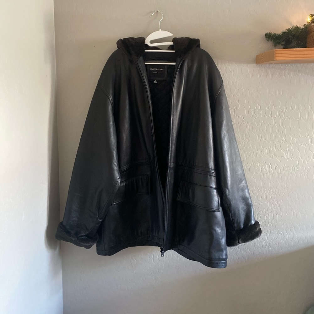 Marc Andrew Marc black leather hooded Coat | XL